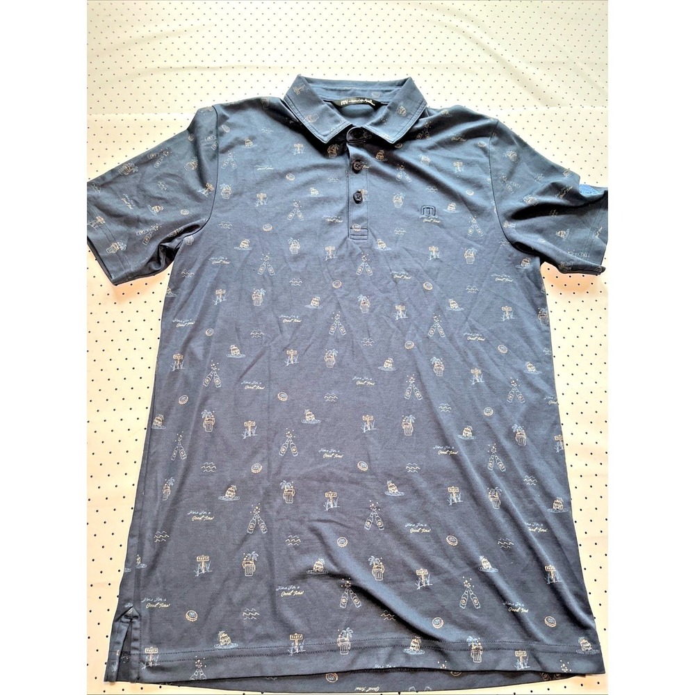 TravisMathew Good‎ Time Polo Shirt Medium Blue Novelty Print Golf Beer Party